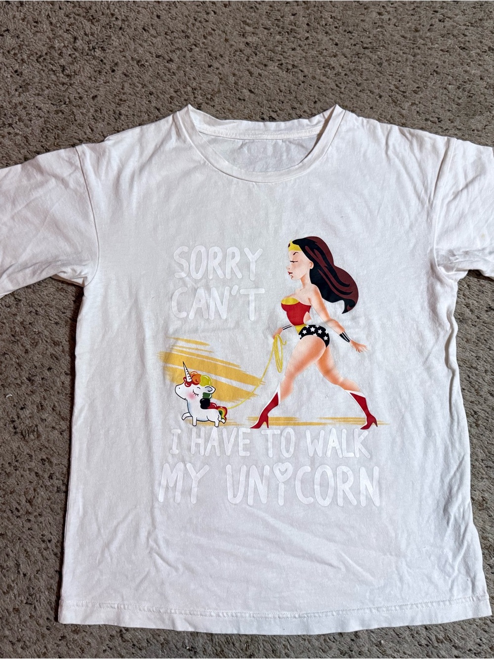 White Wonder Woman Graphic "Sorry Can't I Have To Walk My Unicorn" Tee